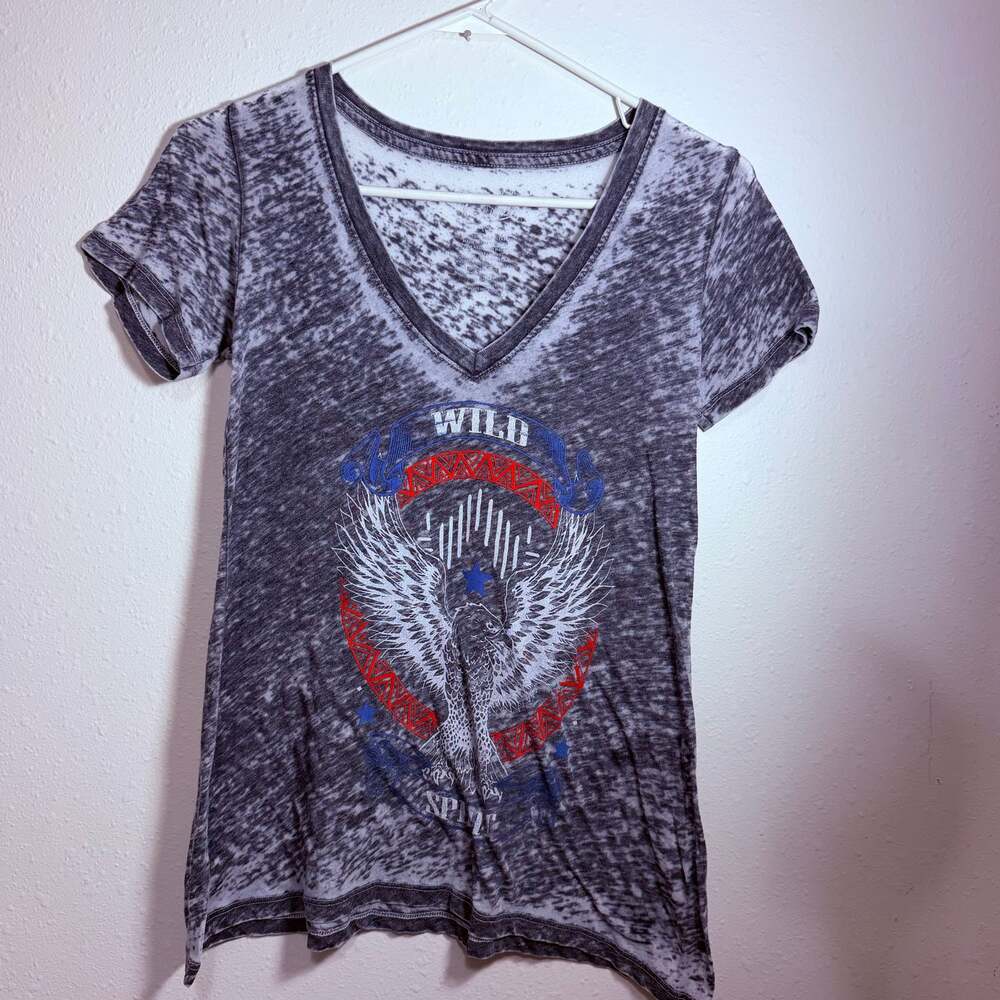 Awake Inc Women's Medium Charcoal Gray Burnout Eagle Wild Spirit V-Neck Graphic
